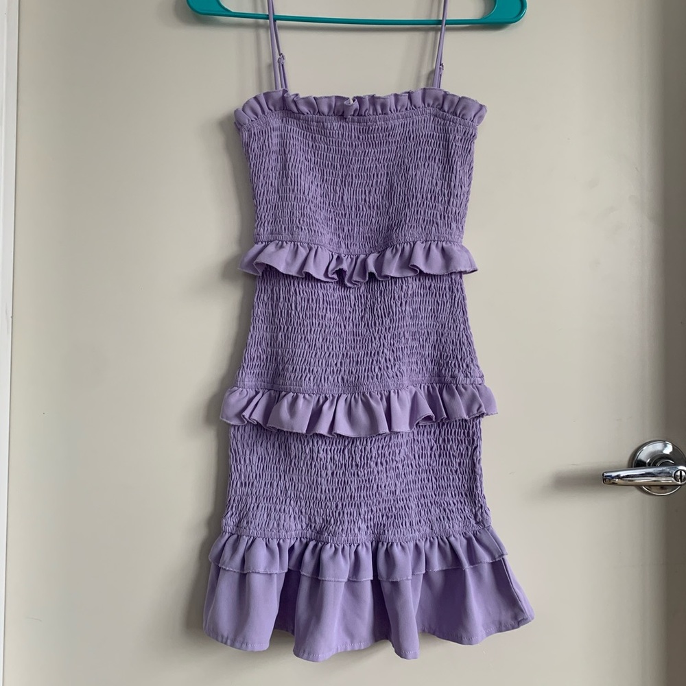 Ruched purple mini dress